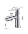 304 Stainless Steel Faucet Basin Cold Heat Nozzle Shower Pull Spray with dual handles and measurements, sleek design.