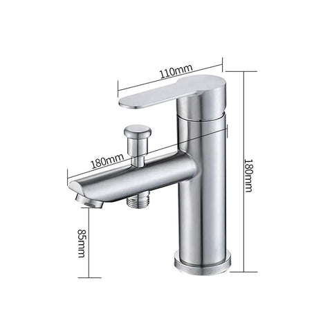 304 Stainless Steel Faucet Basin Cold Heat Nozzle Shower Pull Spray with dual handles and measurements, sleek design.