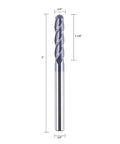 Front view of SpeTool 4-flute ball nose end mill, solid carbide, 1/4 in shank, 3 in overall length with 1-1/8 in flute.