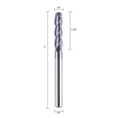 Front view of SpeTool 4-flute ball nose end mill, solid carbide, 1/4 in shank, 3 in overall length with 1-1/8 in flute.