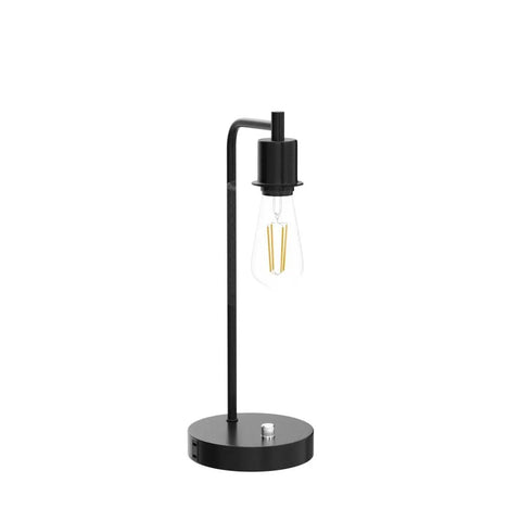 Industrial table lamp with bulb visible, black metal, part of Two Pack Fully Stepless Dimmable Industrial Table Lamps With USB Ports And AC Outlet
