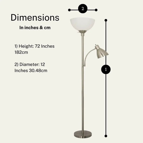 Adjustable Metal Floor Lamp With Side Reading Light in Satin Nickel Finish 150 Watt, 72-inch tall, and dimensions shown