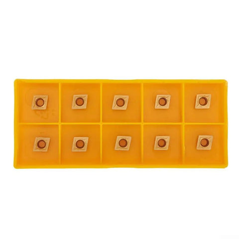 Turning Tool Holder Set With CCMT060204 HM Inserts For Steel Machining shown in a yellow tray, 10 golden carbide inserts visible