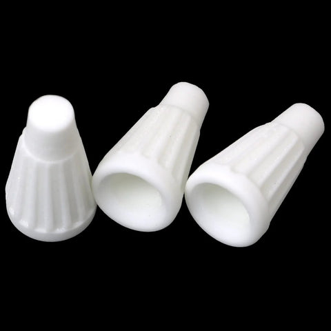 Three white ceramic wire connector caps; small porcelain twist caps for high-temperature repairs, 3 pieces.