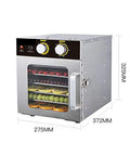 No Stress Six Tray Stainless Steel Food Dehydrator Machine For Fruits Vegetables Beef Jerky Snacks And Herbs With Horizontal Airflow Setup, showing side view and dimensions.