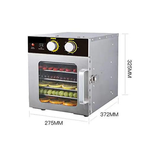No Stress Six Tray Stainless Steel Food Dehydrator Machine For Fruits Vegetables Beef Jerky Snacks And Herbs With Horizontal Airflow Setup, showing side view and dimensions.
