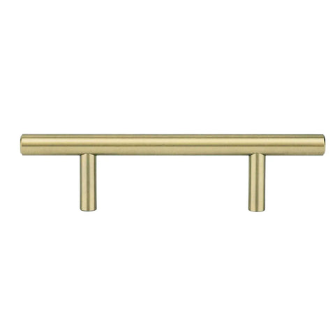 Golden Champagne Euro Bar Cabinet Pulls Five And Three Eighths Inch Length 3 Inch Hole Center One Half Inch Diameter Ten Pack Kitchen Cabinet And Drawer Handles Sleek Modern Hardware That Really Beefs Up Your Cabinets, shown in front view