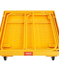 Front view of VEVOR forklift man basket, yellow steel safety cage with 36 x 36 in platform and four wheels.
