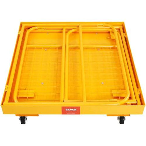 Front view of VEVOR forklift man basket, yellow steel safety cage with 36 x 36 in platform and four wheels.
