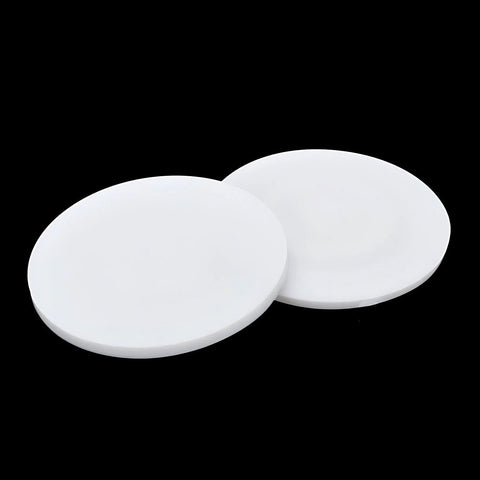 Set Of 10 White PTFE Round Discs, 40mm Diameter, 2mm Thick, two discs displayed on black background