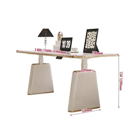 Electric Height Adjustable Standing Desk With Four Memory Presets And Integrated Monitor Shelf Boosts Your Remote Work Game Featuring Smooth Silent Motor Lift Big Spacious Slate Top Reduces Neck Strain During Late Night Study Sessions with measurements.
