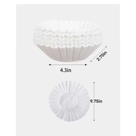 Large 12 Cup Commercial Coffee Filters Pro Quality All Natural Big And Tall Filter Set For Office Coffee Makers Measuring Nine And Three Quarters By Four And One Quarter Inches Fits Most 12 Cup Brewers 300 Pack Woman Owned, showing top and side view with measurements.