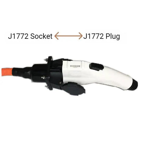 Built Tough Type 1 J1772 EVSE Inlet With 3.2 FT Level One And Two Charging Cable 16 Amp Electric Vehicle Socket Port showing J1772 socket and plug.