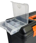 Close-up of Heavy Duty Plastic Toolbox With Tray And Dividers Black 22 Inch Storage Case For Tools With Removable Lid Compartments