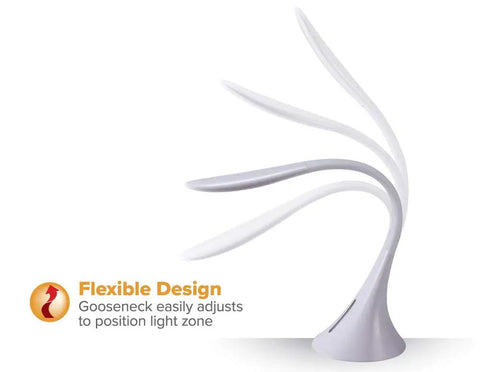 Lit LED Desk Lamp With 8W Power White Finish showing flexible silicone neck with adjustable positions for lighting.