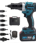 Badass Cordless Automatic Rivet Nut Gun with 26V battery, accessories case, and different threaded insert sizes for M3 to M12.