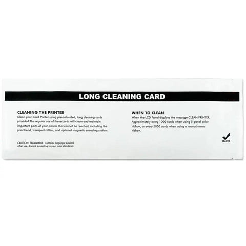Long cleaning card instructions for card printer maintenance from Run Your Rig Like New Again With This Top Shelf Eight Piece Card Printer Cleaning Kit Including Pre Saturated Long And Short Cards For Flawless Printhead And Roller Tuneups Compatible With Zebra Models.