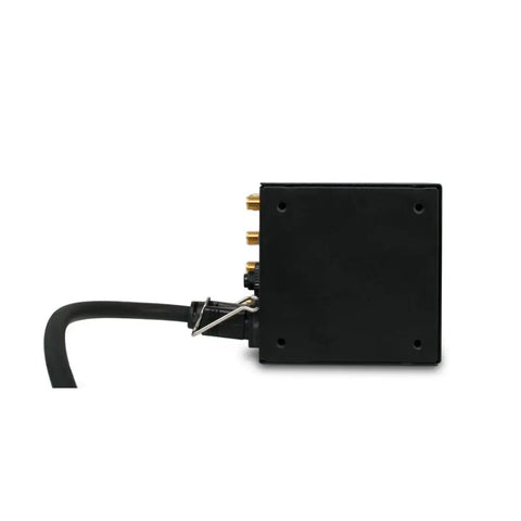Top Shelf Power Conditioner With Ten Outlet Surge Strip Delivering Safe Voltage Control Plus Coax Ethernet Backup, black unit side view.