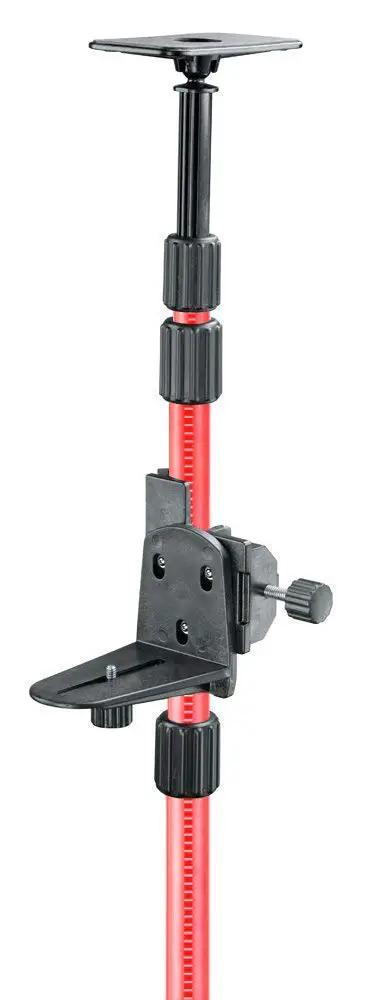 Telescoping Laser Pole With Adjustable 1/4-20 Mount For Rotary And Line Lasers, 13 Ft Extendable Aluminum Leveling Pole With Rotating Bracket And 5/8-11 Adapter, Heavy-Duty Mounting Accessory For Construction And Surveying. Telescoping laser pole with adjustable bracket and 1/4-20 mount on red aluminum pole
