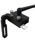 Heavy Duty Aluminum Miter Track Stop With Slick Glide Slider And Lock Tight Pin For Saw Table Conversion and Dead On Accuracy In Woodworking Jig Projects Diy Shop Staple close-up of precise adjustment mechanism.