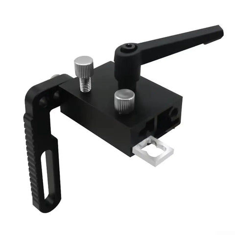 Heavy Duty Aluminum Miter Track Stop With Slick Glide Slider And Lock Tight Pin For Saw Table Conversion and Dead On Accuracy In Woodworking Jig Projects Diy Shop Staple close-up of precise adjustment mechanism.