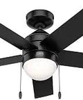44 Inch Rogers Matte Black Ceiling Fan With LED Light Kit And Pull Chain, Whisper Quiet Motor, SureSpeed Performance