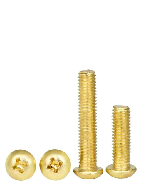 Solid Brass Pan Head Machine Screw Assortment Cross Recess Fully Threaded Fasteners with two sizes and shiny finish.