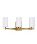 Alturas Three Light Vanity Fixture For Wall And Bath In Satin Brass Sleek 22 Inch Wide 9.1 Inch Tall Steel Construction 100 Total Watts Dimmable With A19 Bulbs Sold Separately, front view
