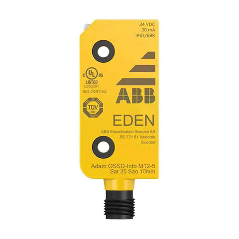 Front view of 2TLA020051R5400 Adam Safety Sensor with OSSD signals, M12 connector, IP69K rated for industrial guarding machinery.