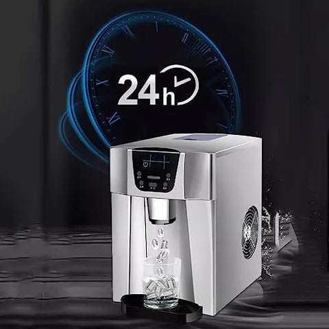 Countertop Ice Maker With 26 Lb Daily Output And 2 Liter Water Dispenser Churning Out Fresh Ice Straight Up In Glossy Silver with 24h indicator.