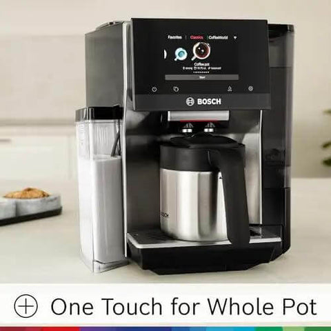 Double Cup Barista Style Home Fully Automatic Coffee Machine With 36 Drink Presets And Touchscreen Controls For Latte Macchiato Cappuccino Or Espresso Personalize Strength Size Milk Ratio And Aroma Large Bean Hopper Easy Clean Stainless Steel shown on kitchen countertop