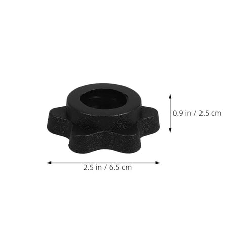 Close-up of black plastic screw clamp from 8 Pack Dumbbell Bar Collars Clips For Fitness Equipment with measurements.