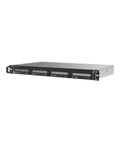 Rock Solid Four Bay 1U Rack Mount Diskless DAS Hard Drive Enclosure featuring hot swap bays, front view, black metal design.