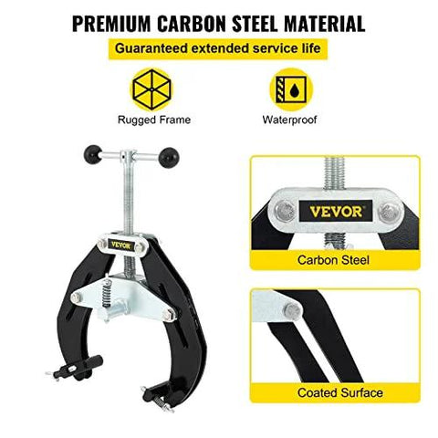 VEVOR pipe clamp 2-6 in, black carbon steel with quick-acting screws, front view