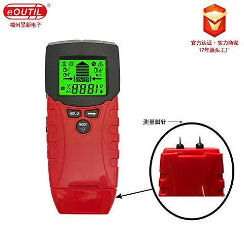 Knockout Handheld Metal Detector And Wood Moisture Meter With AC Voltage Live Wire Wall Scanner For Stud Finding, displaying red handheld device with digital screen.