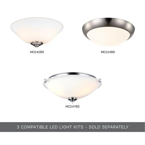 Three LED light kits, models MC242BS, MC224BS, MC247BS, shown separately for Colony Max 52 Inch Outdoor Ceiling Fan With 5 Blades Roman Bronze Finish Pull Chain 5030 CFM 3 Speed Ideal For Patios Porches And Decks Weather Resistant Outdoor Ceiling Fan For Covered Patios And Decks.