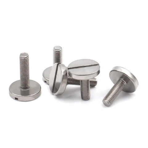 Get These Super Solid 5 Pcs Stainless Steel Slotted Round Head Machine Screws For Your Home DIY Projects And Hardware Repairs With Easy Install M2 And M2.5 Sizes In Silvery Finish, showing five screws with slotted heads.