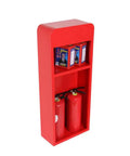 Hella Tough Stainless Steel Fire Extinguisher Cabinet With Double Storage Slot For Two Masks Rust Resistant Heavy Duty Safety Gear Holder For Garage Shop Home Featuring Circular Arc Design And 2 mm Thick Durable Panel Construction Offering Built Like a, showing red cabinet with two fire extinguishers and storage for masks.