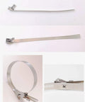Amazon stainless steel hose clamp 0.5x24 in with quick-release buckle; adjustable worm-gear band (front/side views)