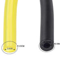 Close-up of yellow and black fuel lines with measurements for carburetor replacement for Troy-Bilt trimmer and brush cutter.