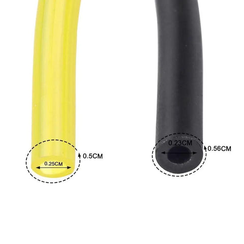 Close-up of yellow and black fuel lines with measurements for carburetor replacement for Troy-Bilt trimmer and brush cutter.