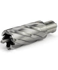 Oscarbide annular cutter with Weldon shank and pilot pin; 1-1/8 in cutting diameter, 2 in depth of cut.