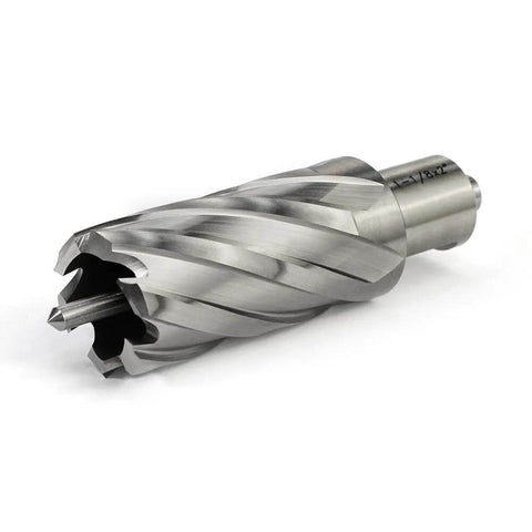 Oscarbide annular cutter with Weldon shank and pilot pin; 1-1/8 in cutting diameter, 2 in depth of cut.