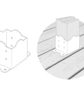 Illustration of Beefy 6x6 Post Base 2 Pack for Deck and Fence Mounting, 8-gauge steel, with example installation on a wood deck.