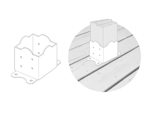 Illustration of Beefy 6x6 Post Base 2 Pack for Deck and Fence Mounting, 8-gauge steel, with example installation on a wood deck.