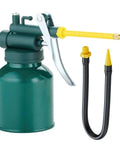 Front view of USUNRISE green metal oil can pump oiler with yellow straight spout and two black hoses with yellow tips.