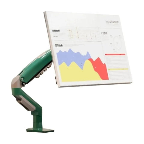 Sleek Desktop Monitor Mount For 17 To 32 Inch Screens With Fully Adjustable Height And Smooth Articulating Desk Arm, green with screen displaying graphs.