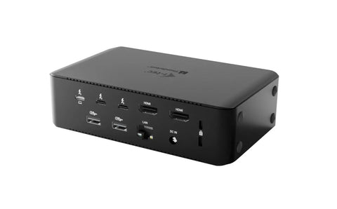 Game Changer Thunderbolt 5 Laptop Docking Station With Dual Hdmi 2.0 Ports and Quad Monitor Setup for Windows Workstations, side view with ports visible.