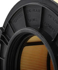 Close-up of flame-retardant, water-resistant engine air filter swap for select Audi models, highlighting gasket details.