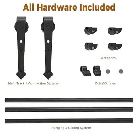Six Foot Barn Door Hardware Kit With Boss Grade Heavy Duty Carbon Steel Track For Smooth Quiet Sliding Doors Cylindrical Rollers Easy Install Fits 36 Inch Wide Panels Matte Black Finish components, including tracks, rollers, and screws.